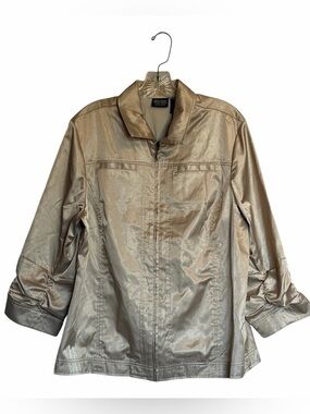 Chico’s Liquid Metallic Champagne Gold Ruched Sleeve Packable Jacket Y2K Vintage
